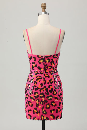 Fuchsia Bodycon Spaghetti Straps Sequins Homecoming Dress with Slit